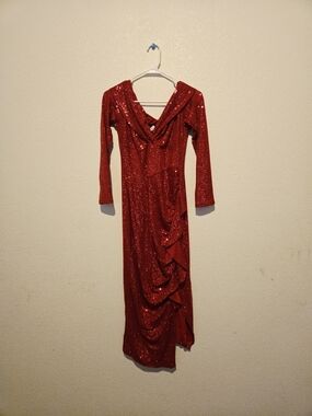 Red Sequin Long-Sleeve Draped Evening Dress